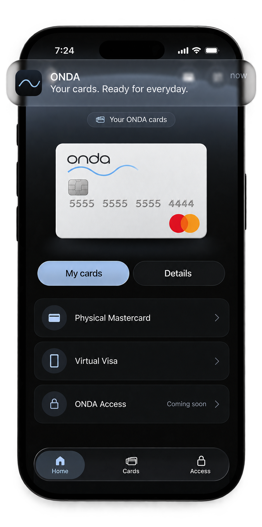 ONDA card interface on iPhone